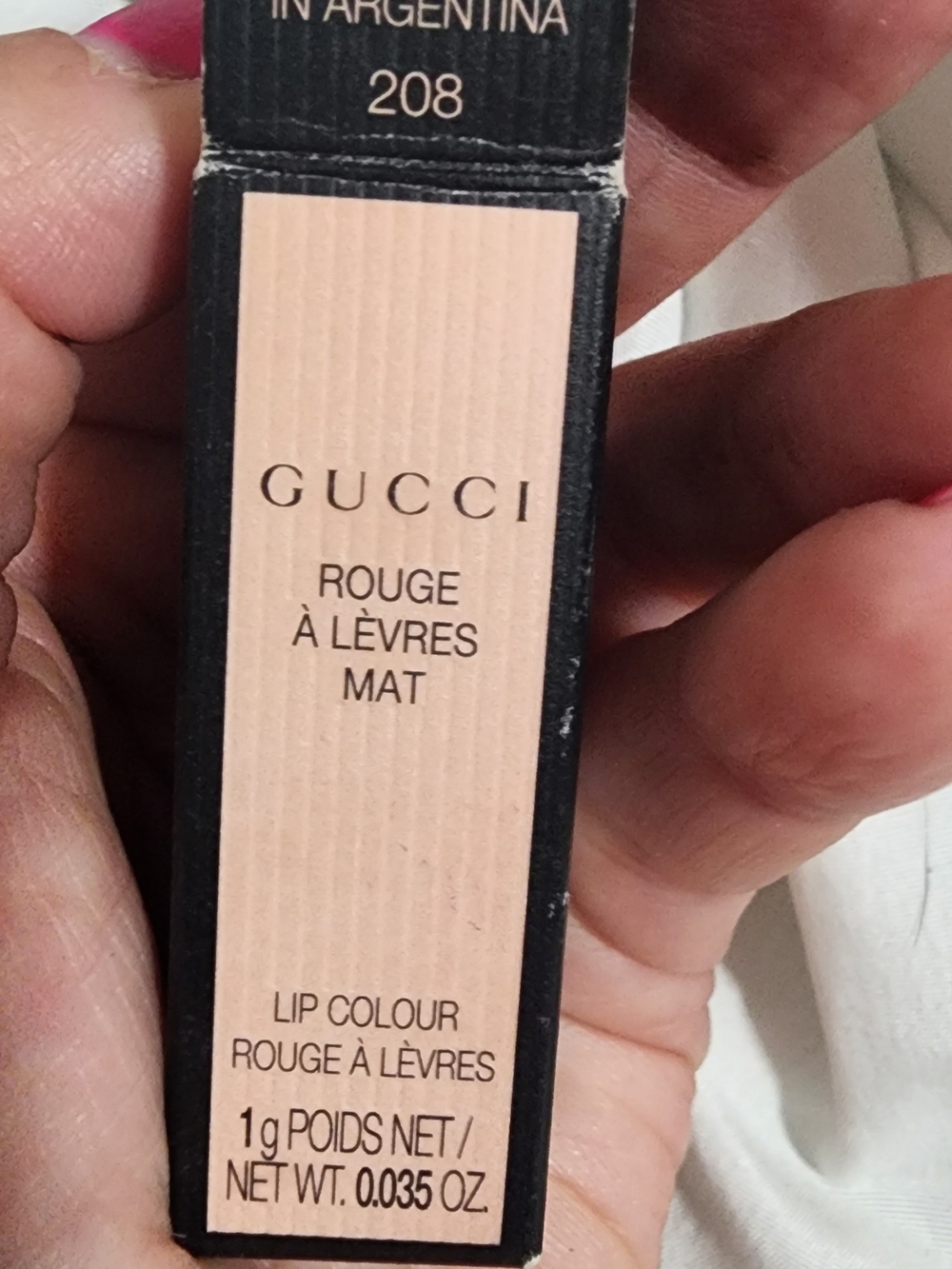 Gucci Matte Lip Colour 208 Nude Pink Packaging